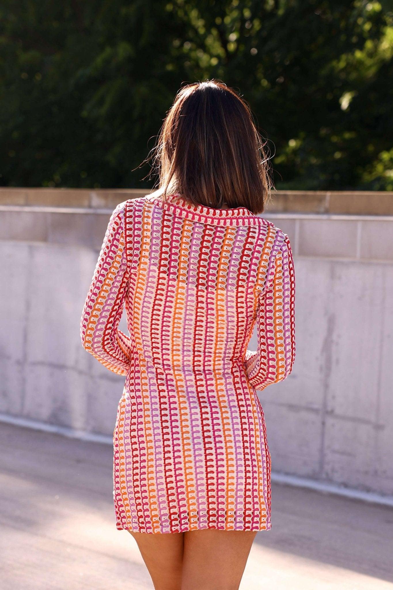 Fuchsia Multi Striped Crochet Mini Dress - FINAL SALE Product Image