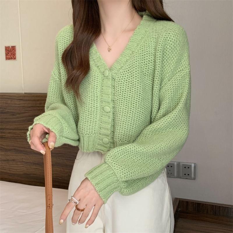 Puff-Sleeve V-Neck Plain Cropped Cardigan Product Image