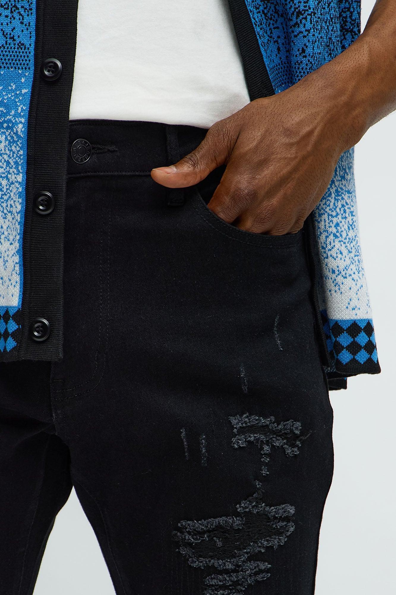Side Snake Rip And Repair Stacked Skinny Jeans - Black Product Image