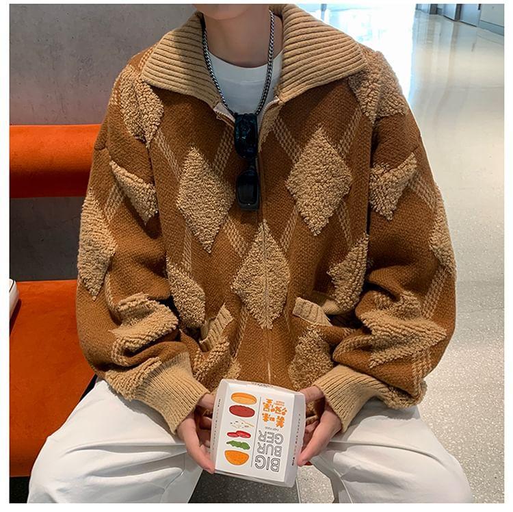 Collared Diamond Pattern Zip Up Cardigan Product Image
