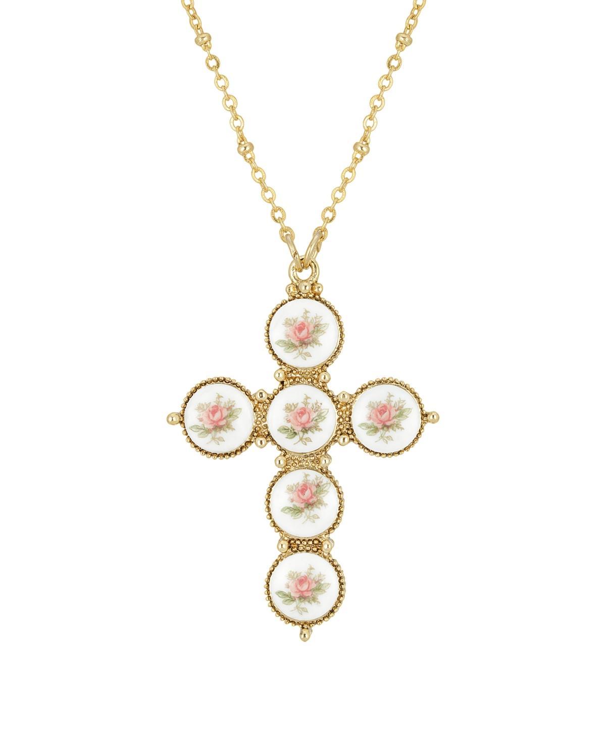 1928 Gold Tone Pink Flower Decal Cross Pendant Necklace, Womens Product Image