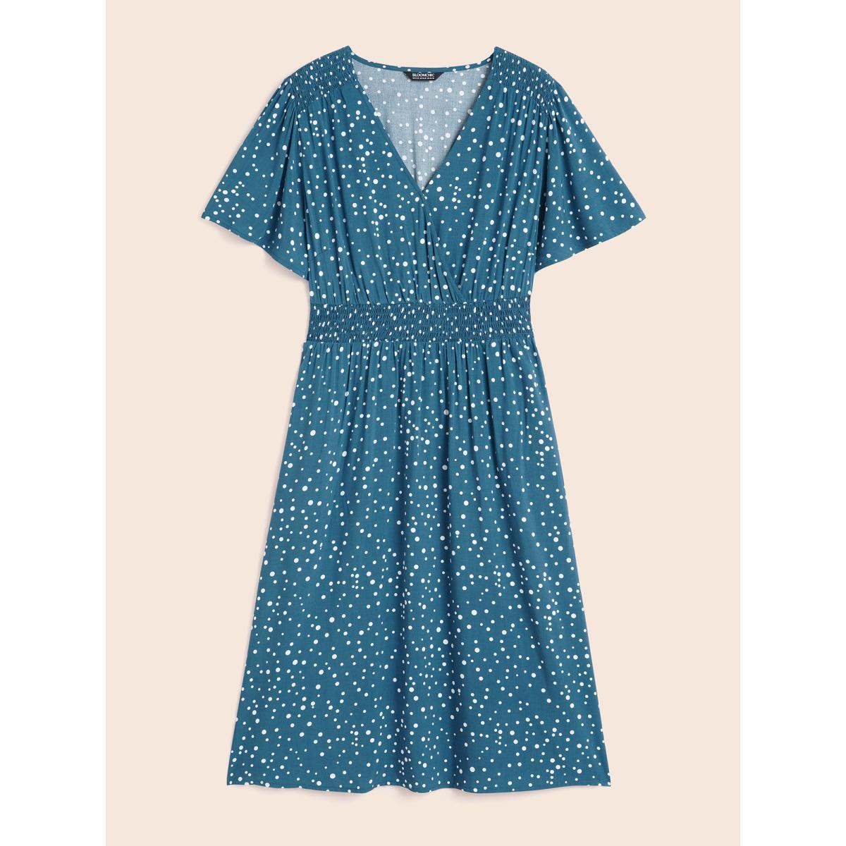 Plus Size Polka Dot Wrap Pocket Shirred Ruffle Sleeve Dress Aegean Women Elegant Patchwork Curvy Midi Dress BloomChic 12/L Product Image