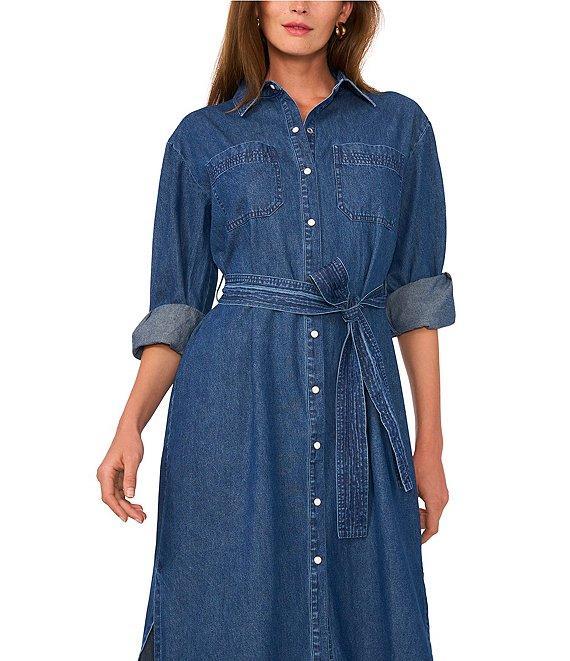 1. STATE Button Front Collared V-Neckline Long Sleeve Shirt Dress Product Image