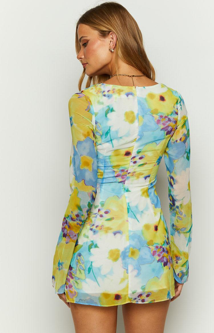 Lucy Blue Floral Long Sleeve Mini Dress Product Image
