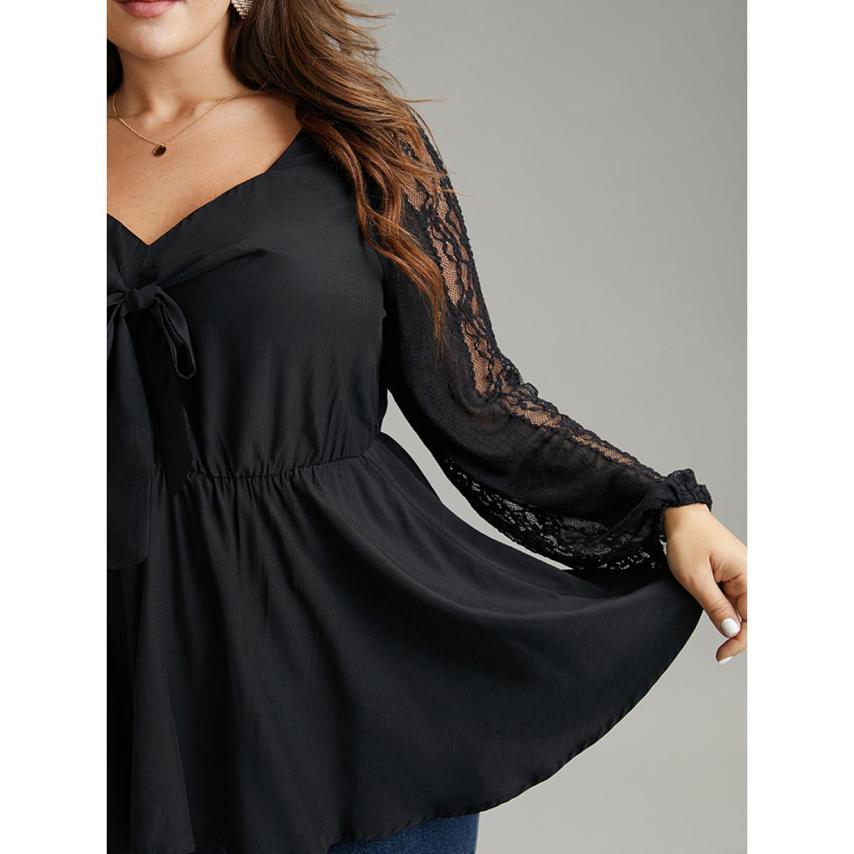 Plus Size Black Crochet Lace Bowknot Elastic Waist Blouse Women Elegant Long Sleeve Square Neck Dailywear Blouses BloomChic 26/4X Product Image