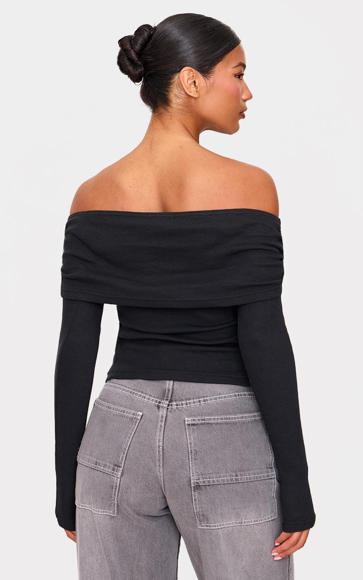 Black Fold Over Bardot Dipped Hem Long Top Product Image