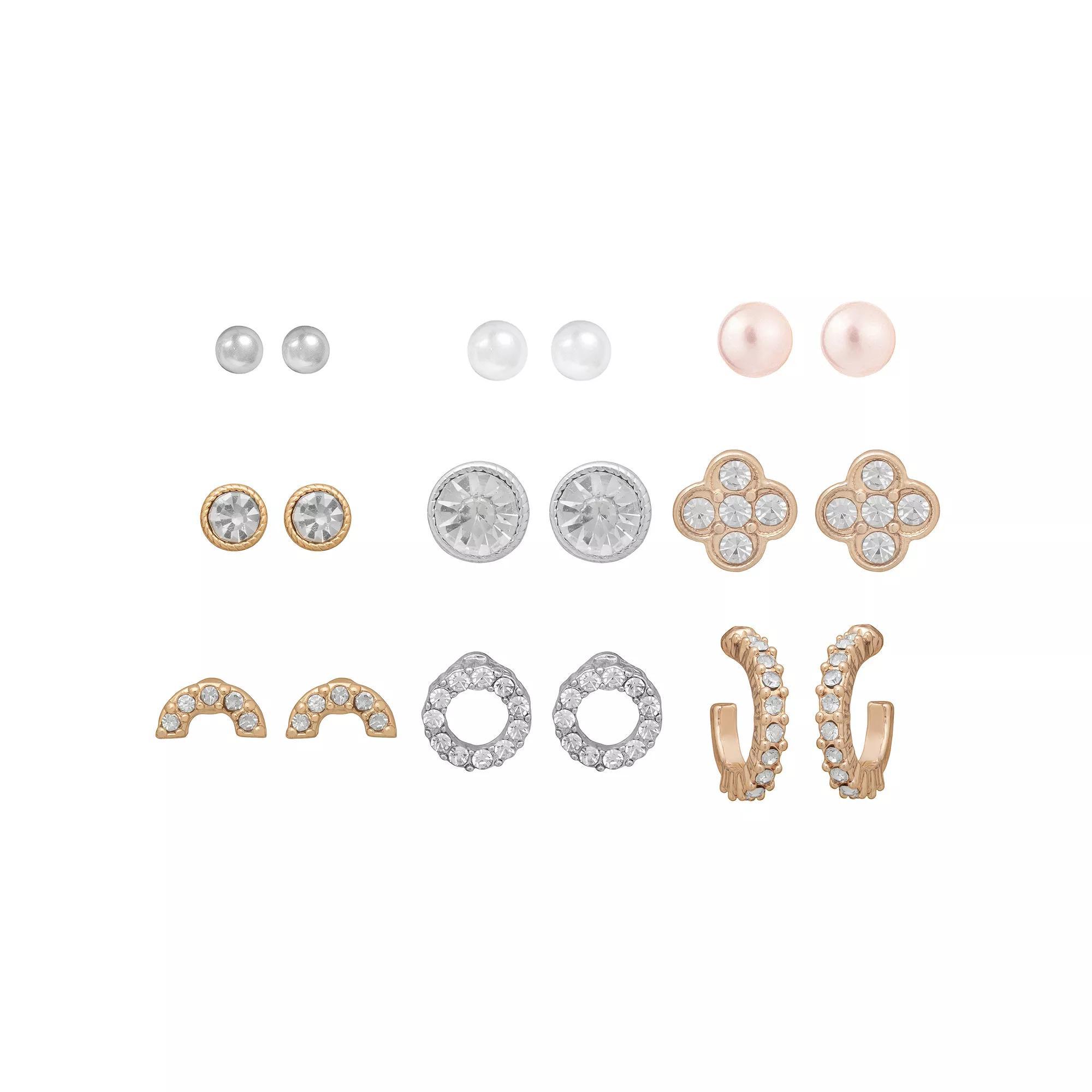 LC Lauren Conrad Tri-Tone Crystal & Simulated Pearl Pave Earrings 9-pack Set, Women's, Clear Product Image
