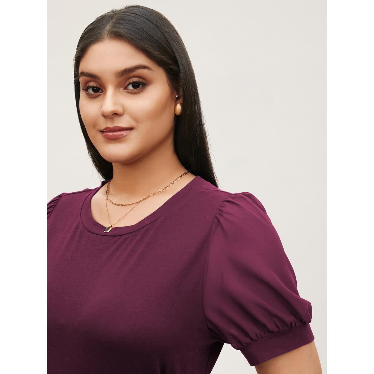 Plus Size Solid Chiffon Patchwork Puff Sleeve T-shirt Plum Women Workwear Essentials Patchwork Round Neck Work T-shirts BloomChic 28/5X Product Image
