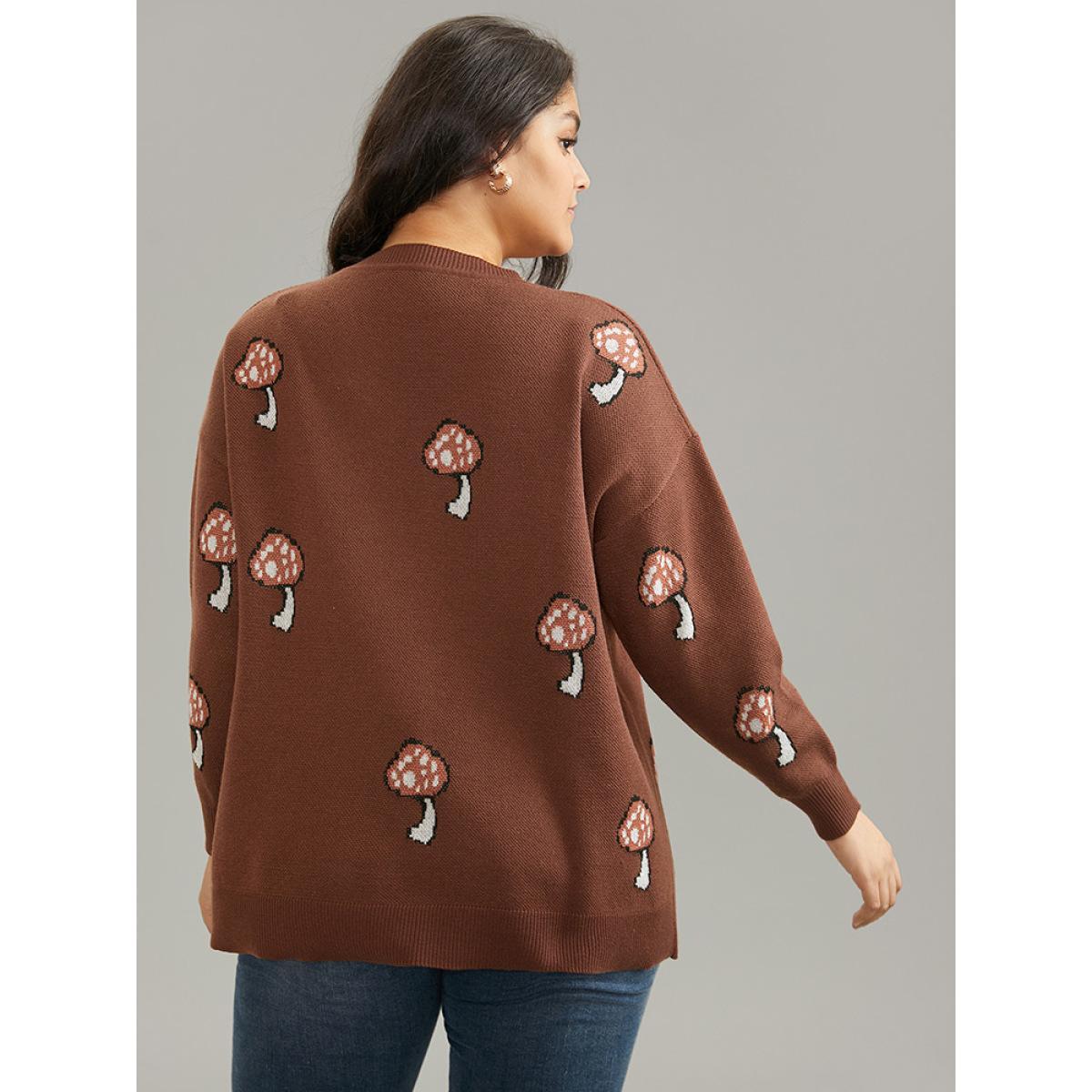Plus Size Mushroom Knit V Neck Jacquard Pullover Maroon Women Casual Loose Long Sleeve V-neck Dailywear Pullovers BloomChic 30/6X Product Image