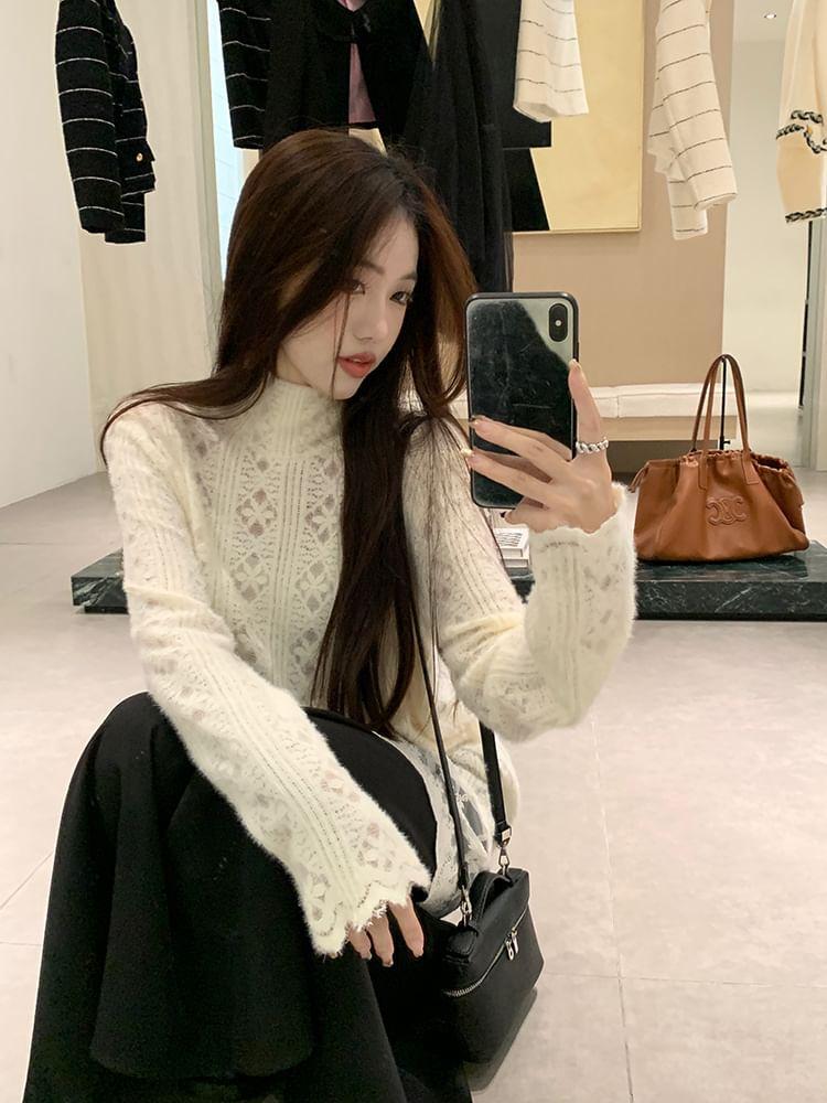 Long Sleeve Mock Neck Plain Panel Lace Top Product Image