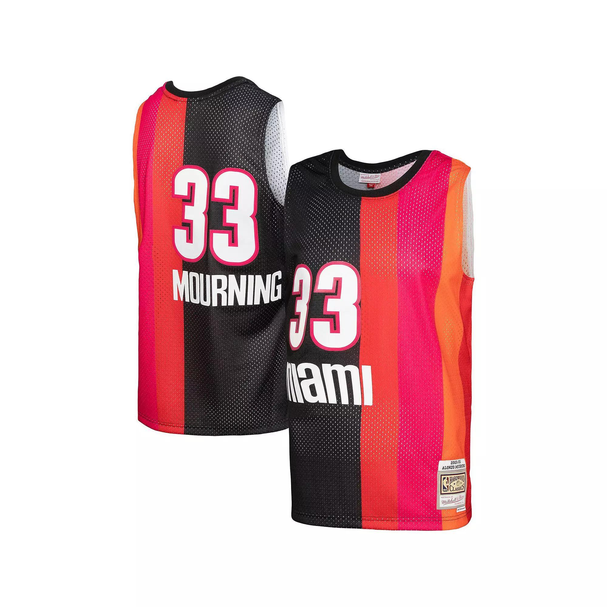 Men's Mitchell & Ness Alonzo Mourning Black/Red Miami Heat Hardwood Classics 2005-06 Split Swingman Jersey, Size: Large Product Image