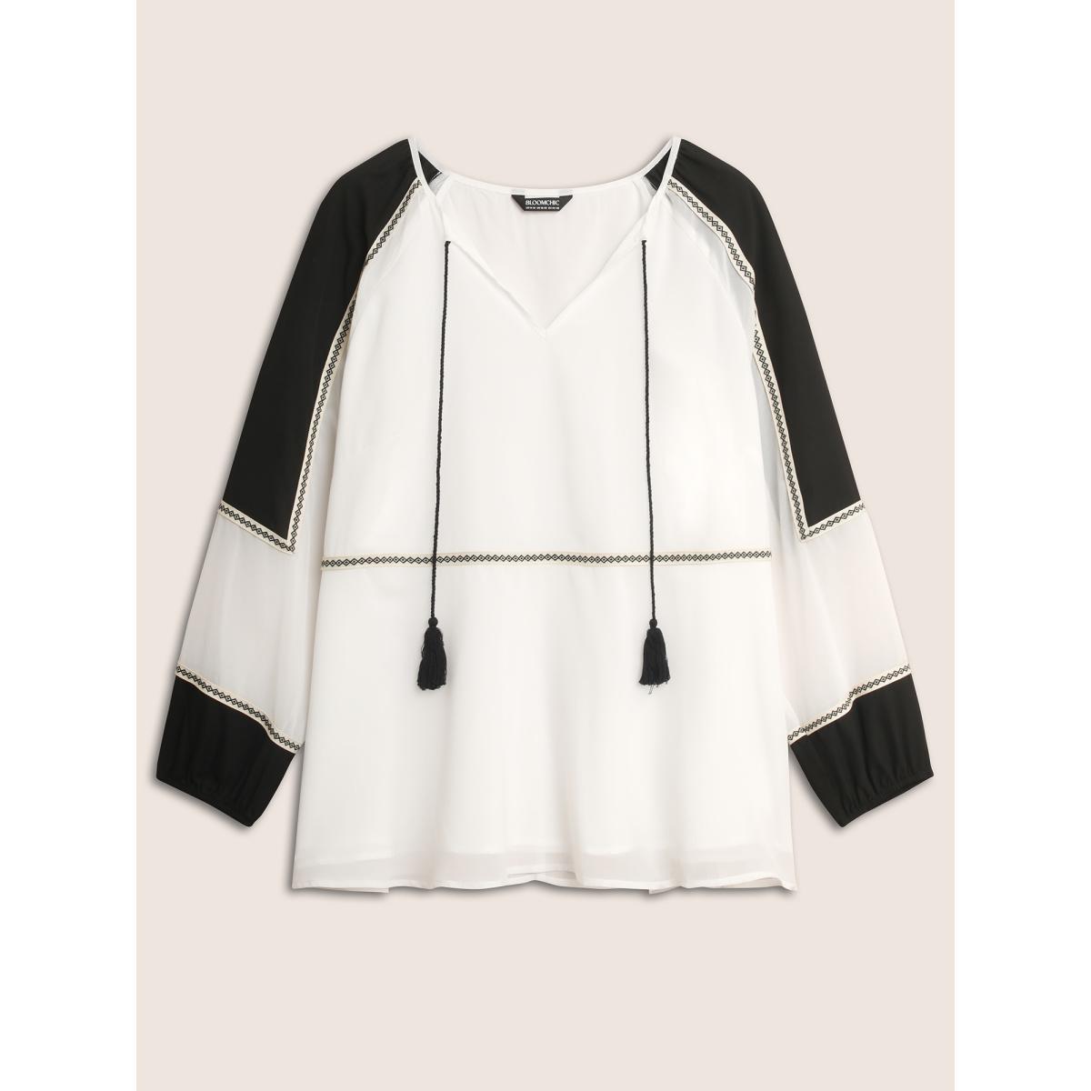 Plus Size Ivory Bandana Contrast Webbing Tassel Tie Knot Blouse Women Resort Long Sleeve V-neck Vacation Blouses BloomChic 18-20/2X Product Image