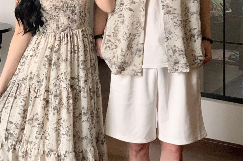 Couple Matching Short-Sleeve Floral Print Shirt / Sleeveless Maxi A-Line Dress Product Image