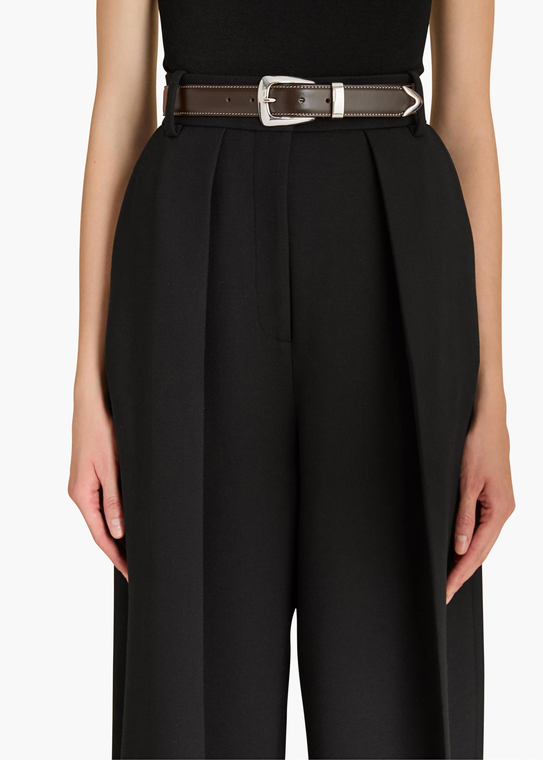 Benny Belt in Dark Brown Leather and Off-White Stitching with Silver Product Image