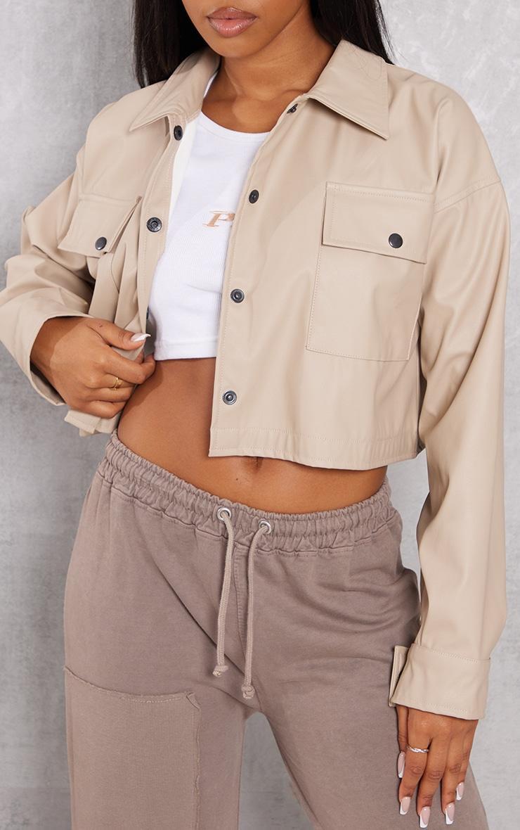Stone Basic Patch Pocket Front Cropped Faux Leather Jacket Product Image