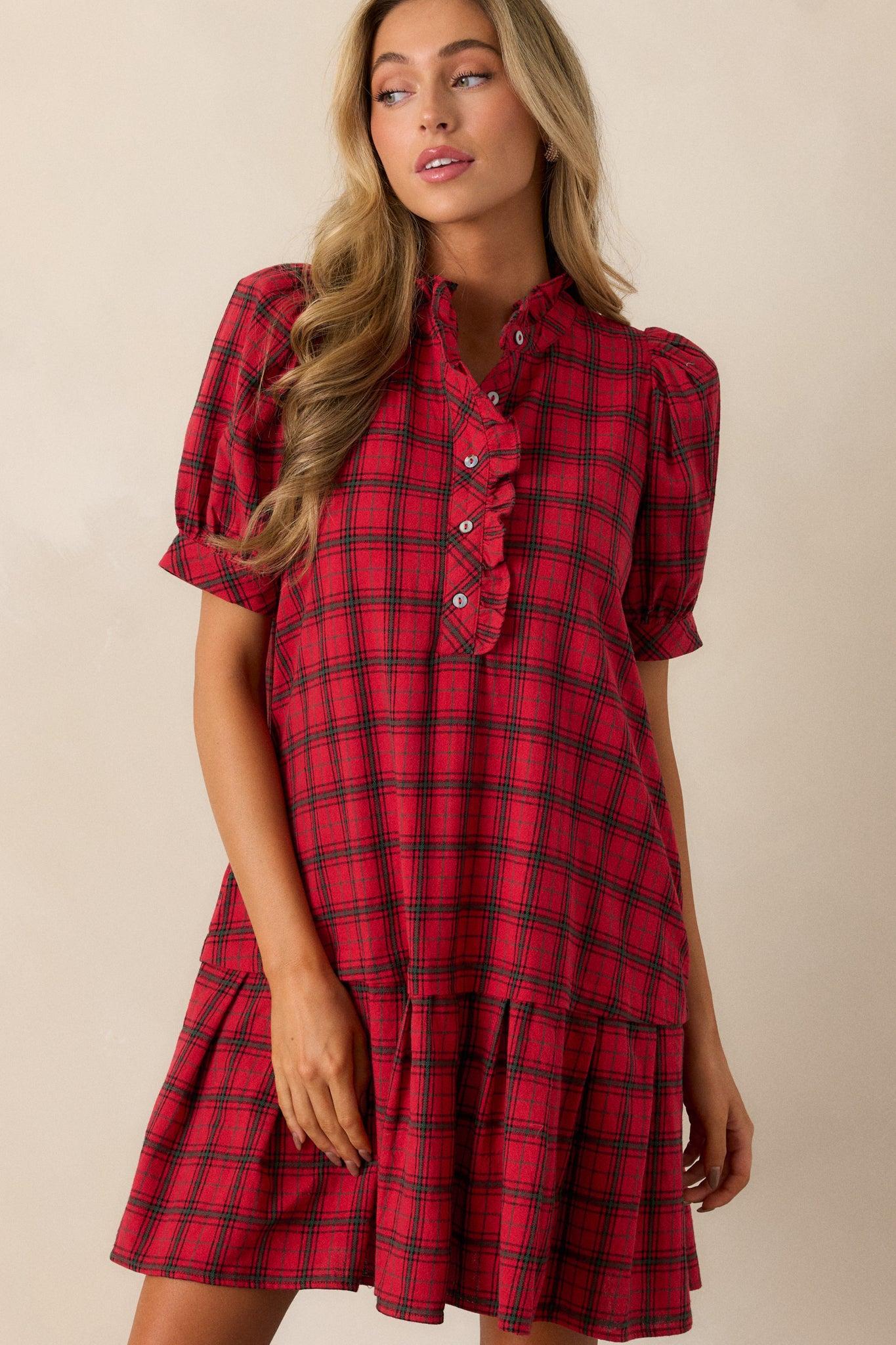Warmth from Within Cotton Red Plaid Mini Dress Product Image