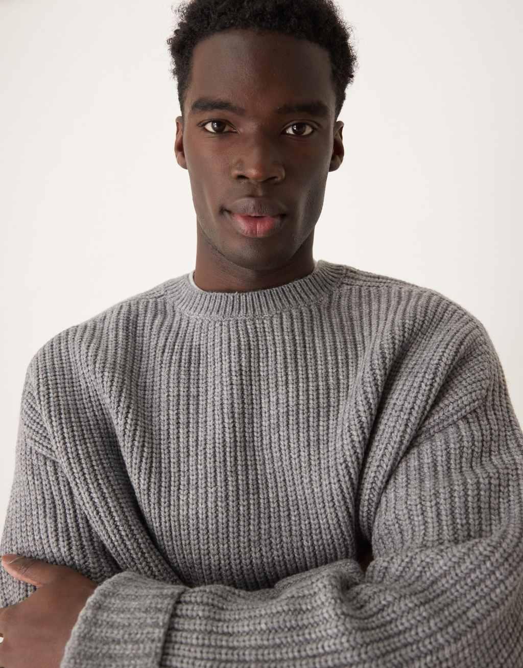 ASOS DESIGN oversized wool mix heavyweight rib sweater in light gray Product Image