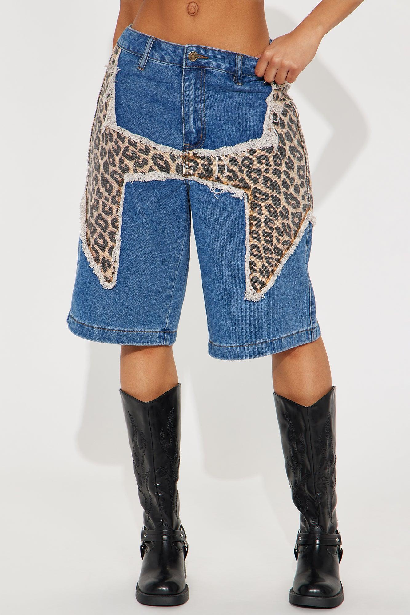Spotted Soul Leopard Denim Jorts - Medium Wash Product Image