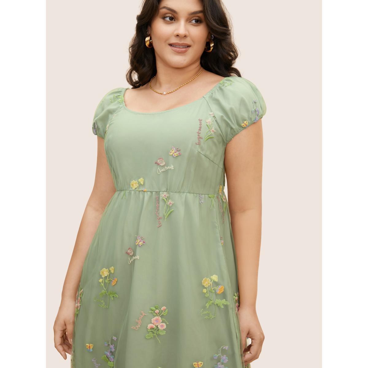 Plus Size Mesh Floral Embroidered Cap Sleeve Midi Dress Palemauve Women Elegant Texture Round Neck Cap Sleeve Curvy BloomChic 10/M Product Image