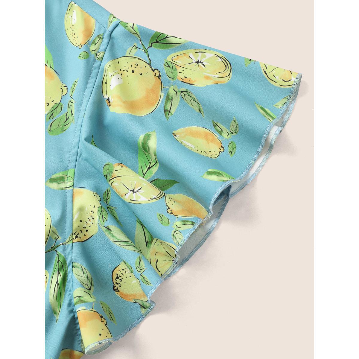 Plus Size Citrus Lemon Print Ruffle Cap Sleeve Belted Dress Blue Women Elegant Belted V-neck Cap Sleeve Curvy Midi Dress BloomChic 10/M Product Image