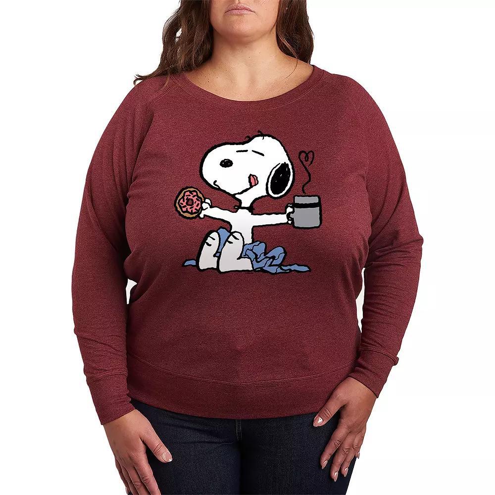 Womens Peanuts Donut Coffee Snoopy French Terry Long Sleeve Tee, Girls Grey Dark Red Product Image