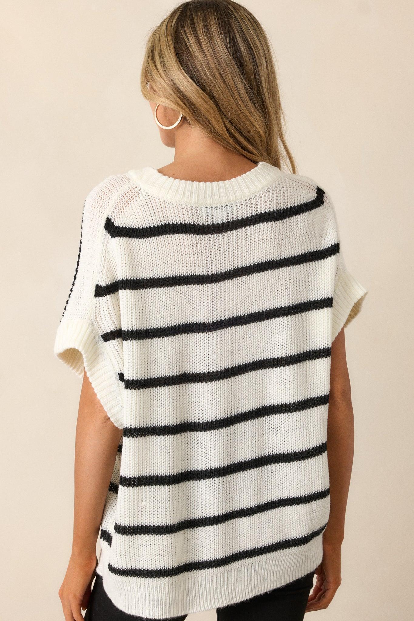 Where You Belong White & Black Stripe Short Sleeve Sweater Top Product Image