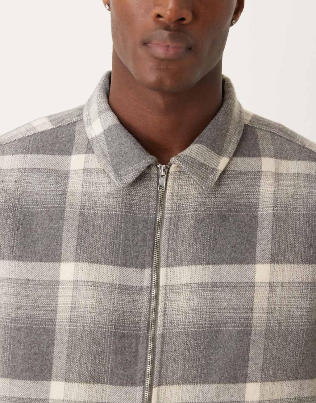 ASOS DESIGN relaxed boxy zip through shacket in gray brushed check Product Image