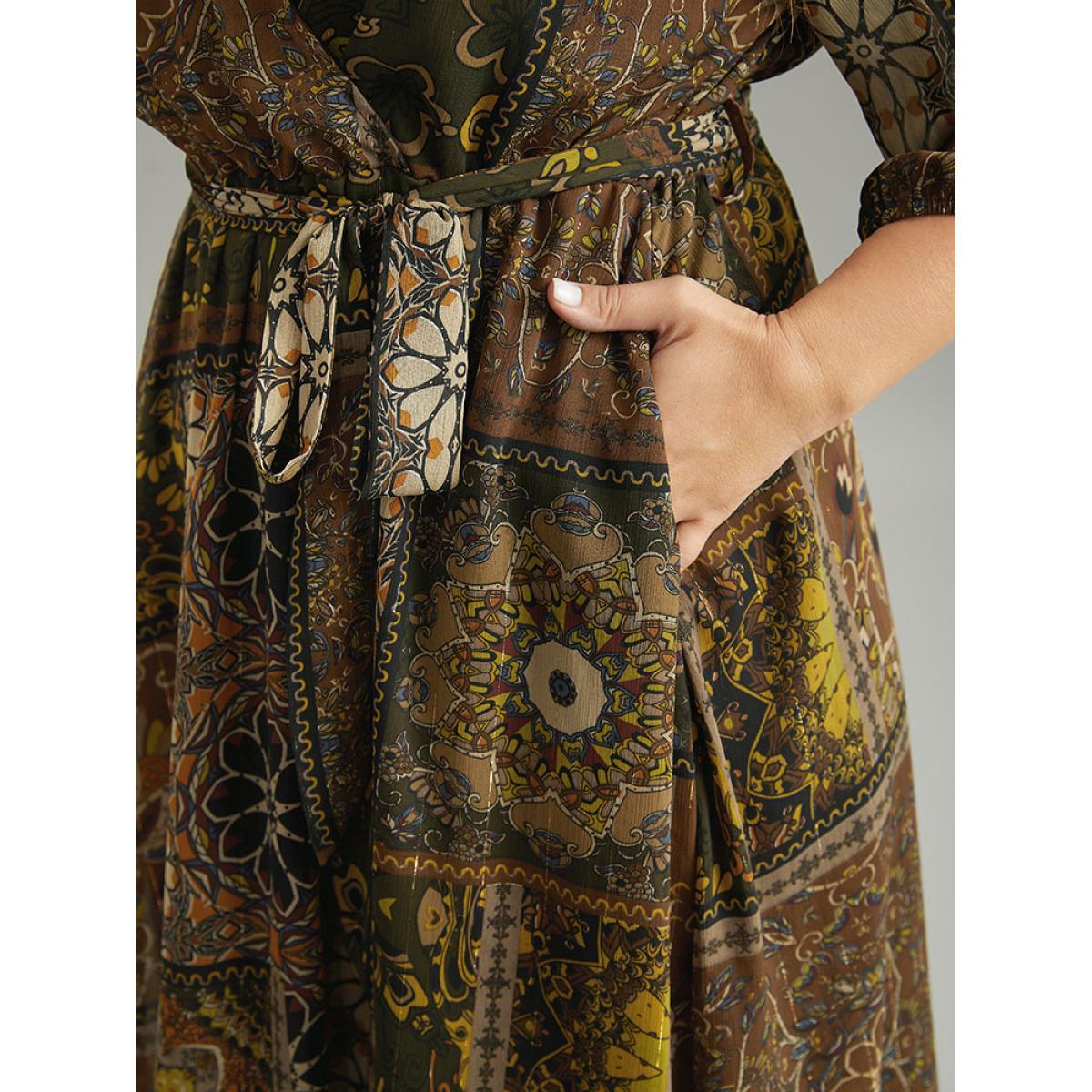Plus Size Boho Print Wrap Elastic Waist Belted Dress LightBrown Women Vacation Elastic cuffs V-neck Elbow-length sleeve Curvy Midi Dress BloomChic 30/6X Product Image