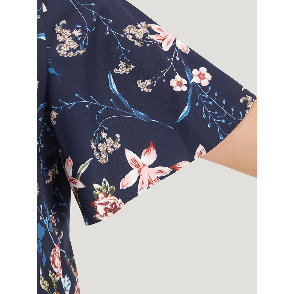 Plus Size Indigo Floral Print V Neck Ruffle Sleeve Twist Hem Blouse Women Elegant Half Sleeve V-neck Dailywear Blouses BloomChic 10/M Product Image