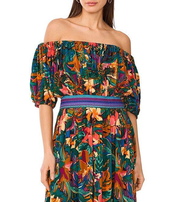 Vince Camuto Woven Off-The-Shoulder Bubble Sleeve Smocked Embroidered Blouson Maxi Dress Product Image