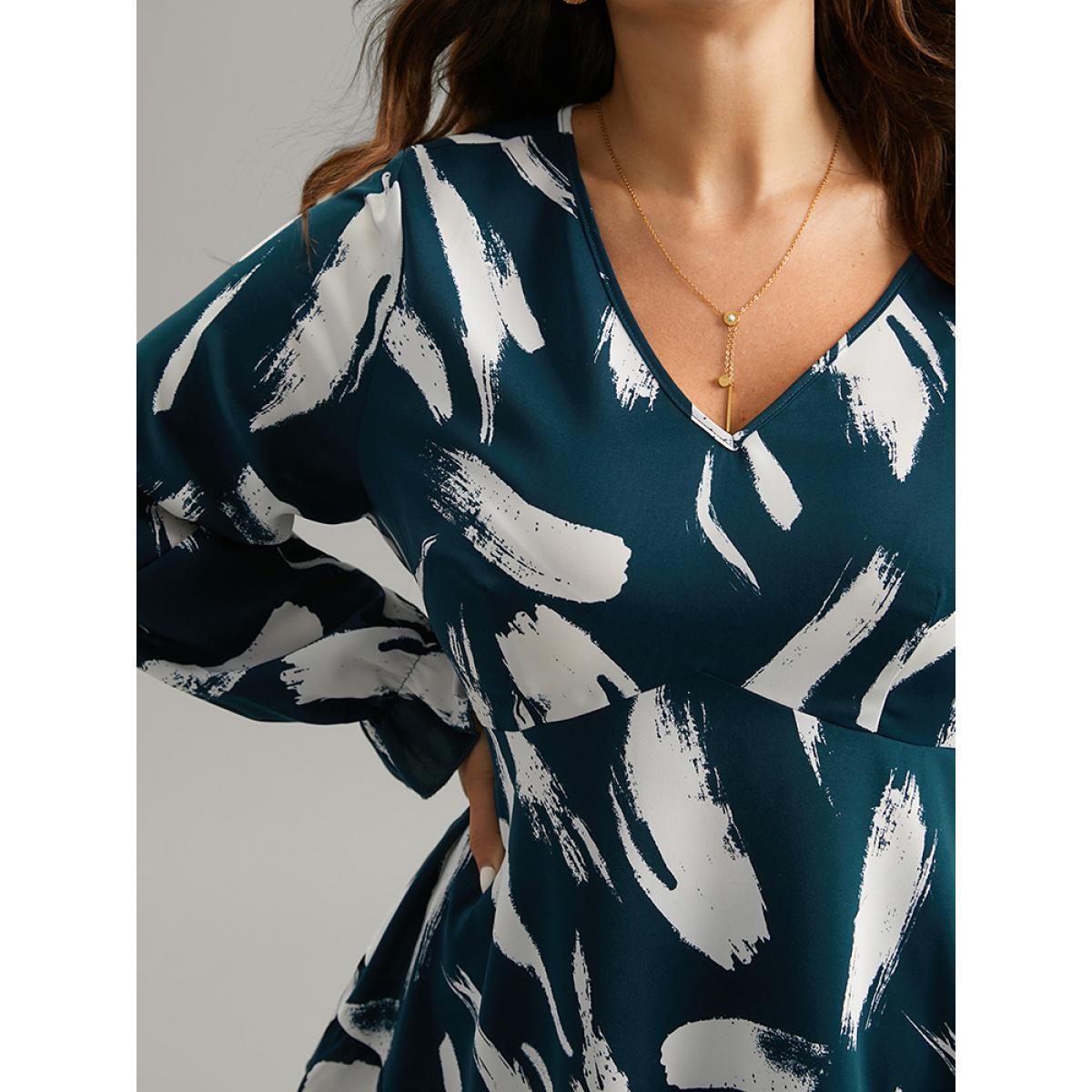 Plus Size Cyan Brush Print Elastic Waist V Neck Ruffles Blouse Women Office Long Sleeve V-neck Work Blouses BloomChic 18-20/2X Product Image