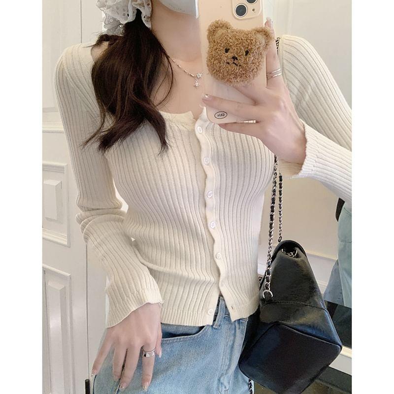 Long-Sleeve Scoop Neck Plain Ribbed Button Knit Top Product Image