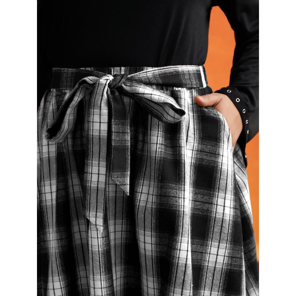 Plus Size Plaid Waist Tie A-Line Skirt Women Black Elegant Tie knot No stretch Slanted pocket Belt Everyday Skirts BloomChic 12/L Product Image