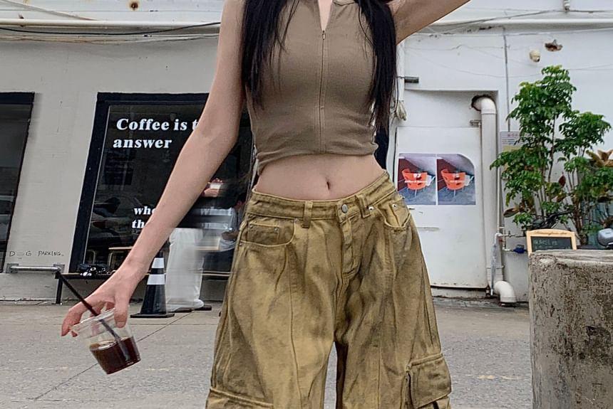 Mid Waist Flame Print Washed Wide Leg Cargo Jeans Product Image