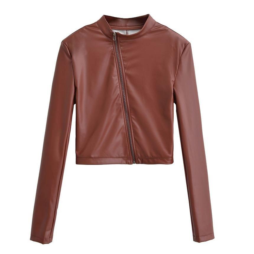 Faux Leather Asymmetrical Zip Jacket Product Image