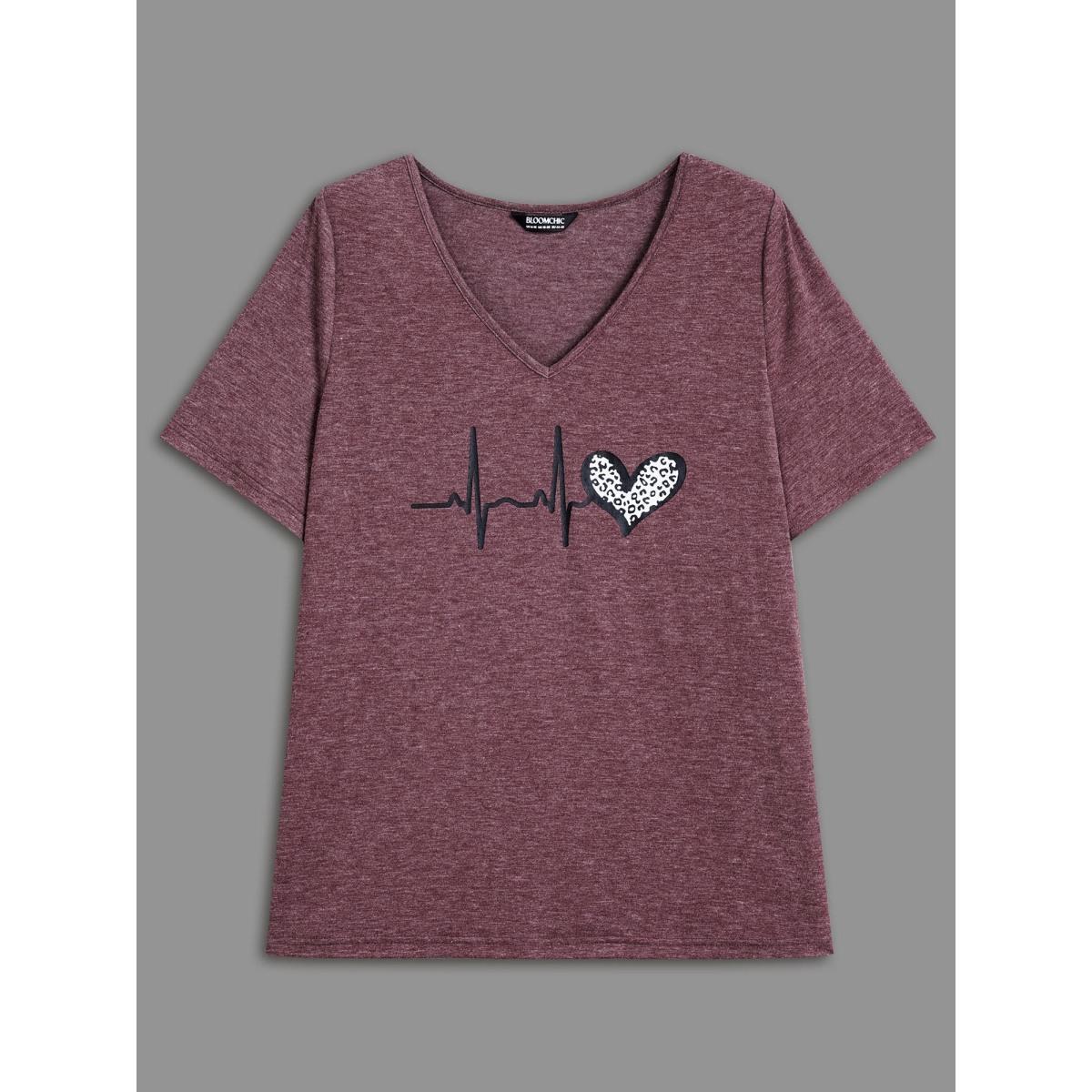 Plus Size V Neck Heart Print T-Shirt Russet Women Casual Non Art&design Round Neck Everyday T-shirts BloomChic 14-16/1X Product Image