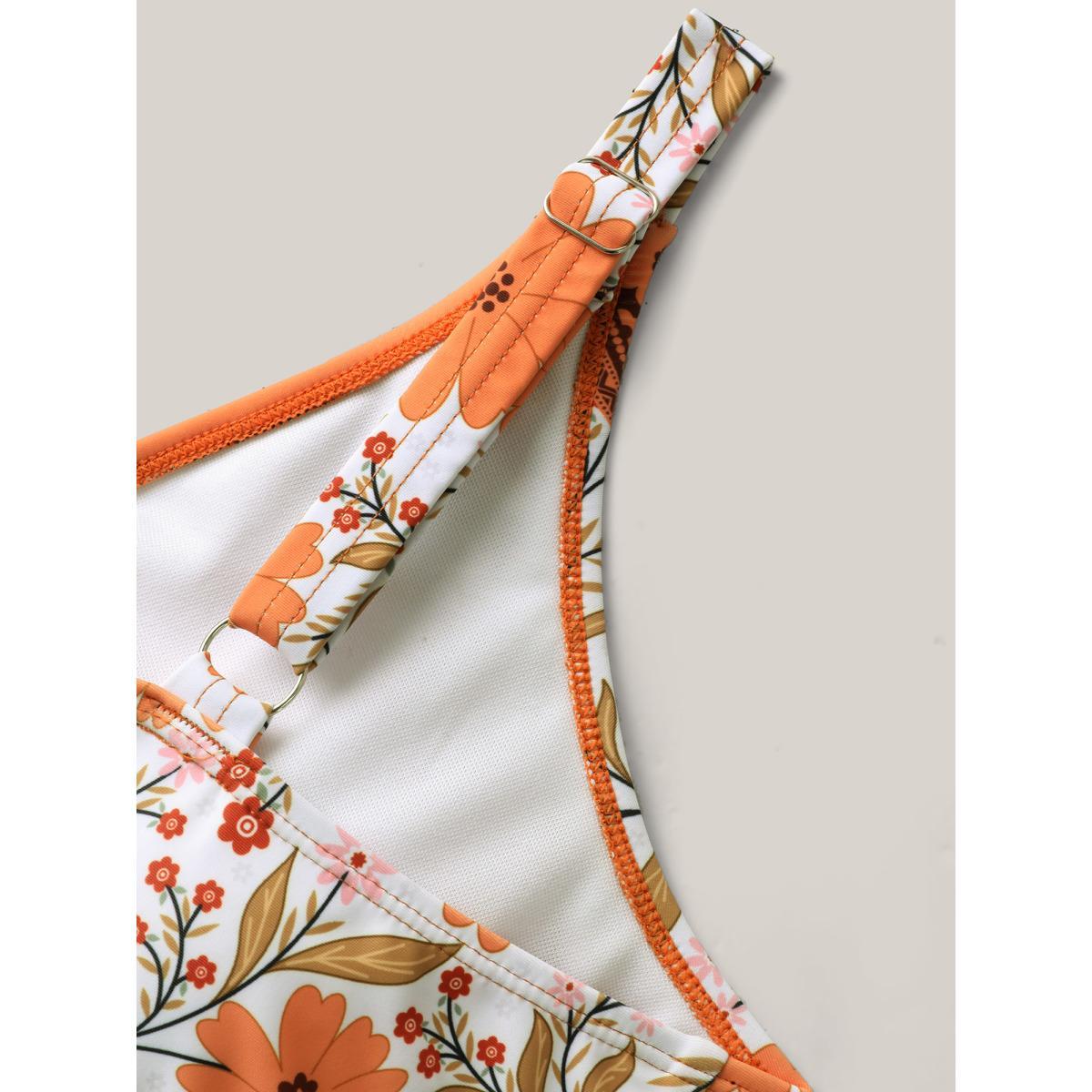 Plus Size Floral Print Color Contrast Swim Dress Women's Swimwear Originalwhite Beach Bodycon Overlap Collar High stretch Curve Swim Dresses BloomChic 26/4X Product Image
