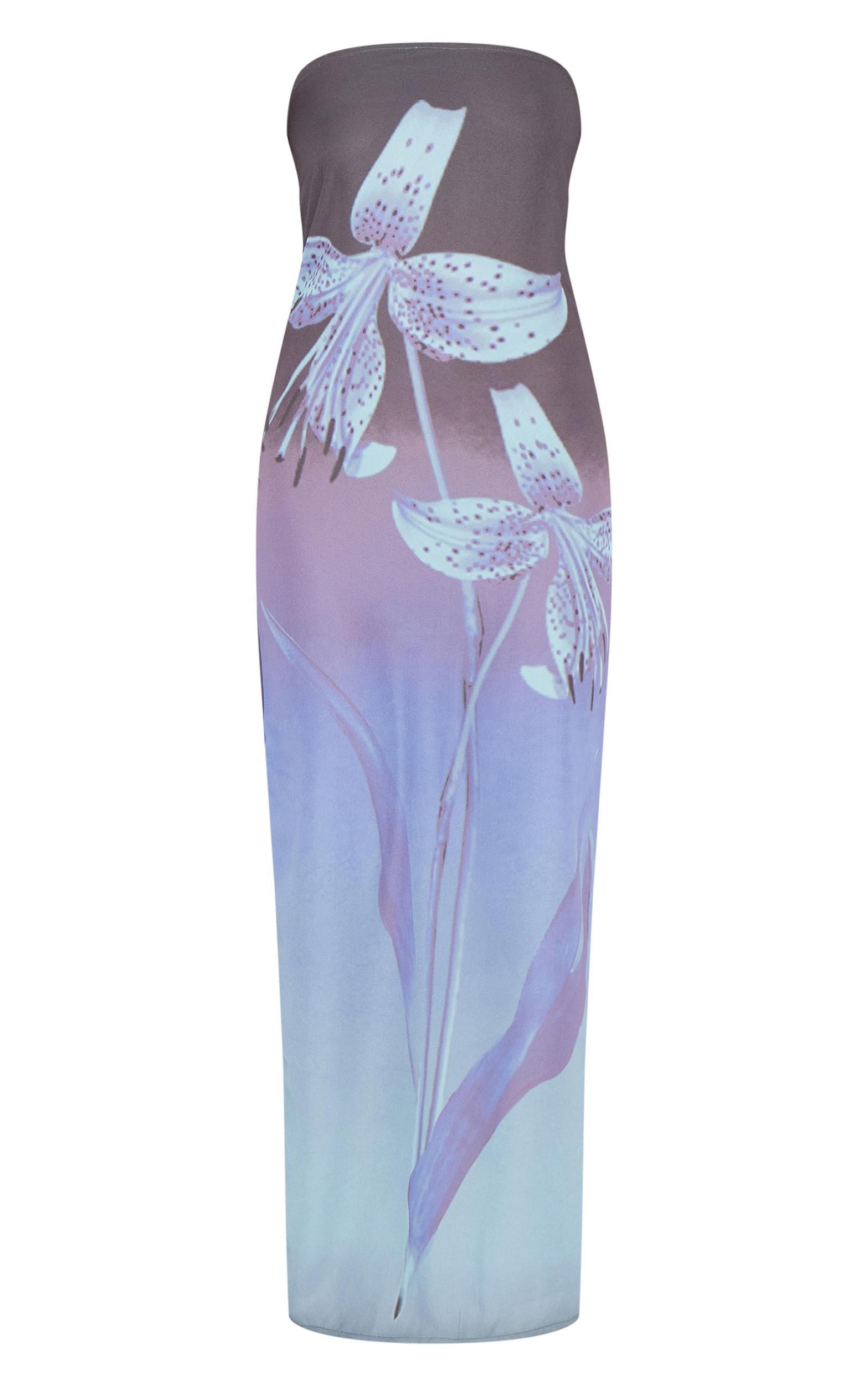 Blue Oversized Chiffon Floral Print Bandeau Maxi Dress Product Image