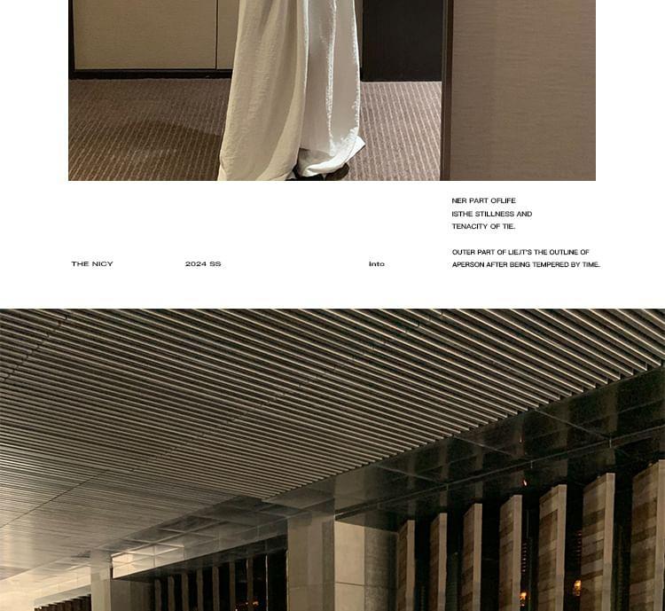 Long-Sleeve Off-Shoulder Plain Sheer Panel Slim Fit Knit Top / High Rise Wide Leg Pants Product Image