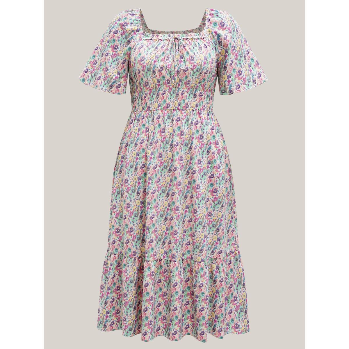 Plus Size Smocked Waist Floral Ties Tiered Maxi Dress Multicolor Women Elegant Tie knot Square Neck Short sleeve Curvy BloomChic 10/M Product Image