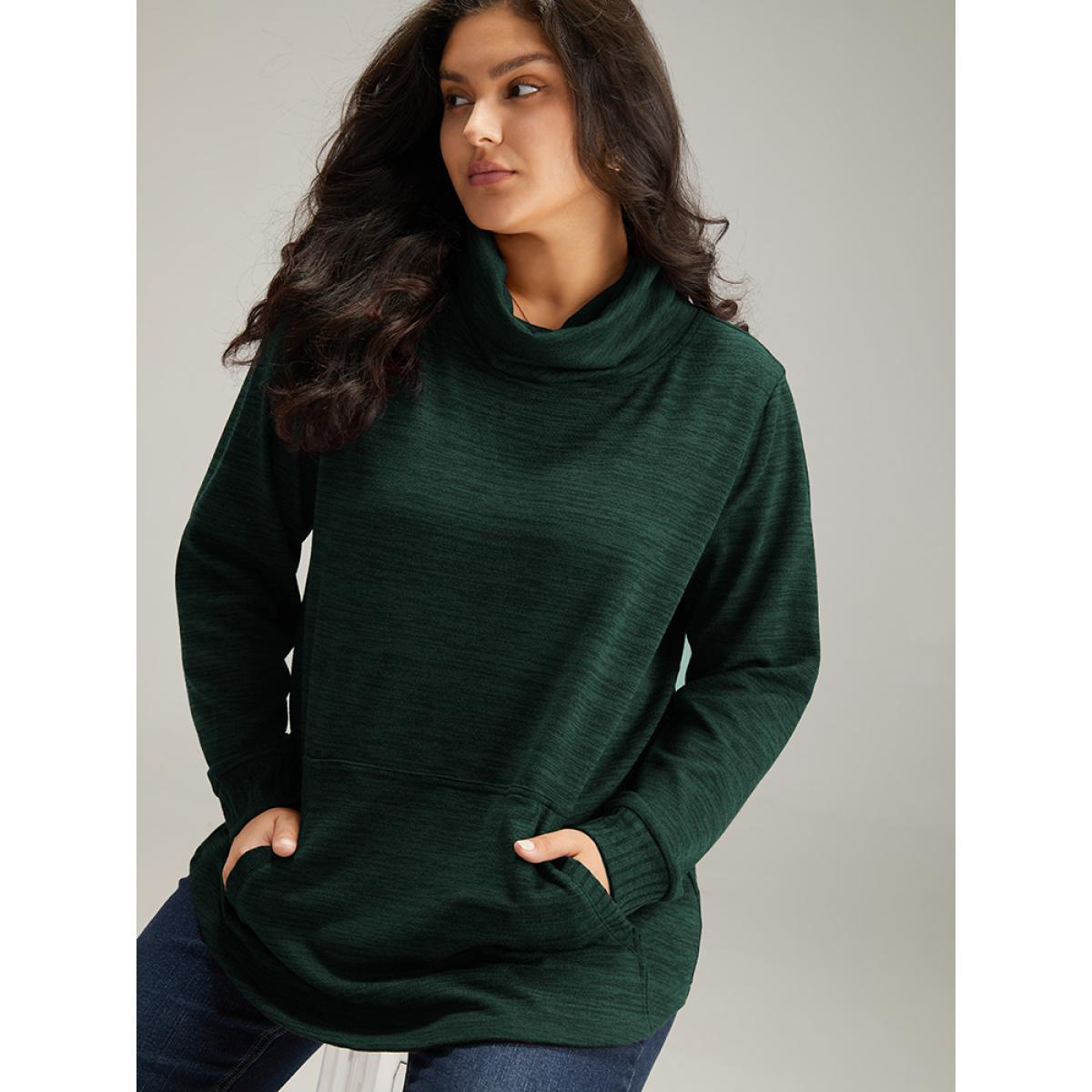Plus Size Plain Turtleneck Pocket Heather Sweatshirt Women DarkGreen Elegant Plain Turtleneck Dailywear Sweatshirts BloomChic 14-16/1X Product Image