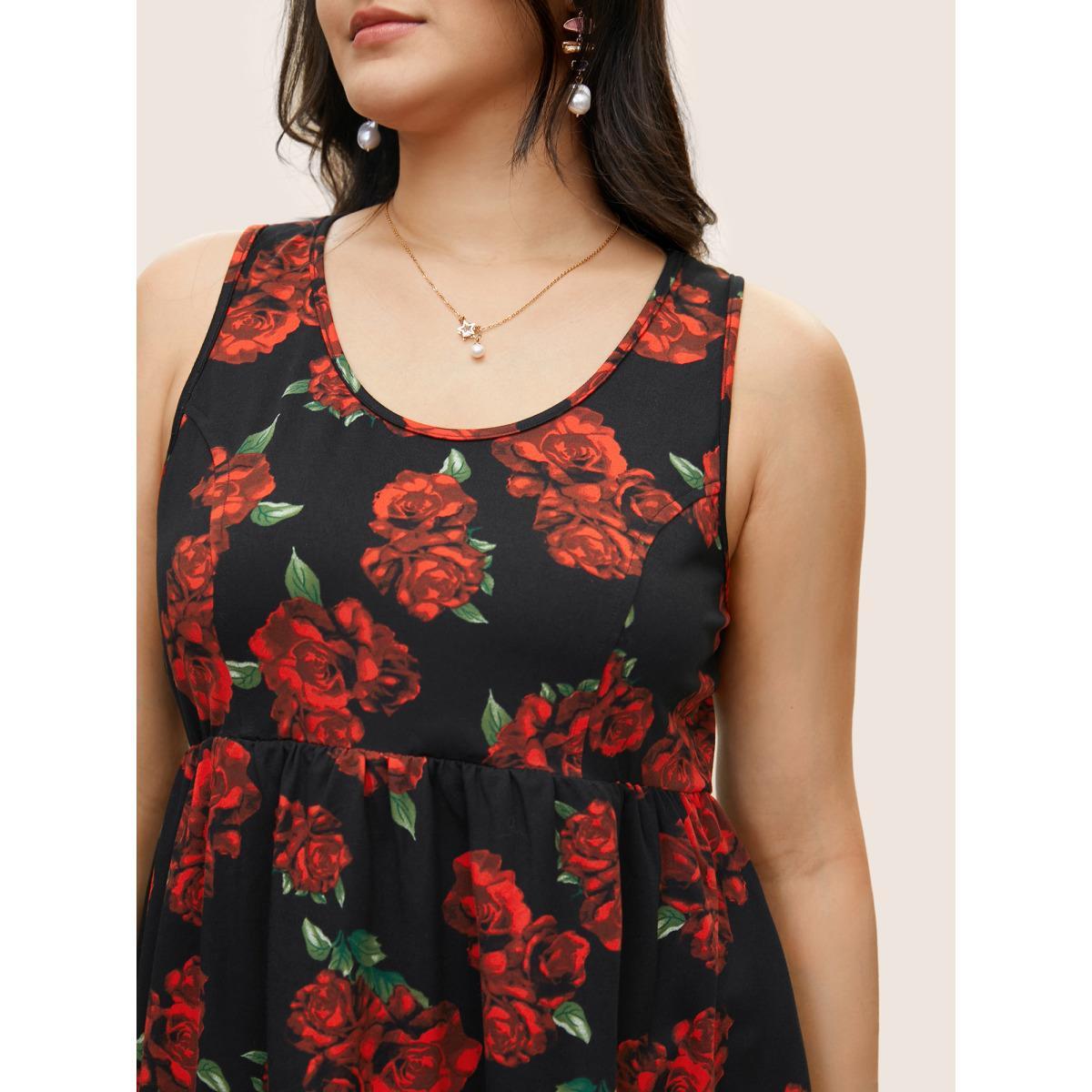 Plus Size Roses Print Elastic Waist Gathered Tank Top Women BlackFlower Elegant Gathered Round Neck Everyday Tank Tops Camis BloomChic 22-24/3X Product Image