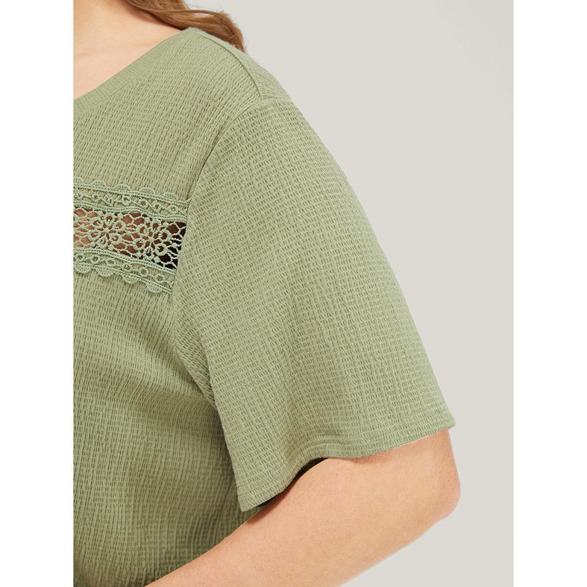 Plus Size Plain Textured Contrast Lace Crew Neck T-shirt Sage Women Elegant Plain Round Neck Dailywear T-shirts BloomChic 14-16/1X Product Image