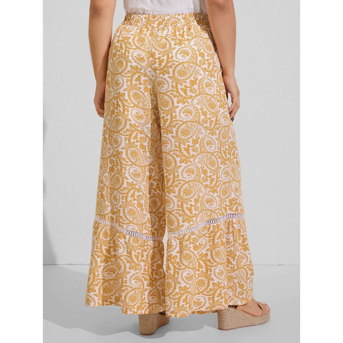 Plus Size Paisely Print Lace Trim Wide-Leg Pants Women Lightyellow Resort Wide Leg Mid Rise Vacation Pants BloomChic 28/5X Product Image