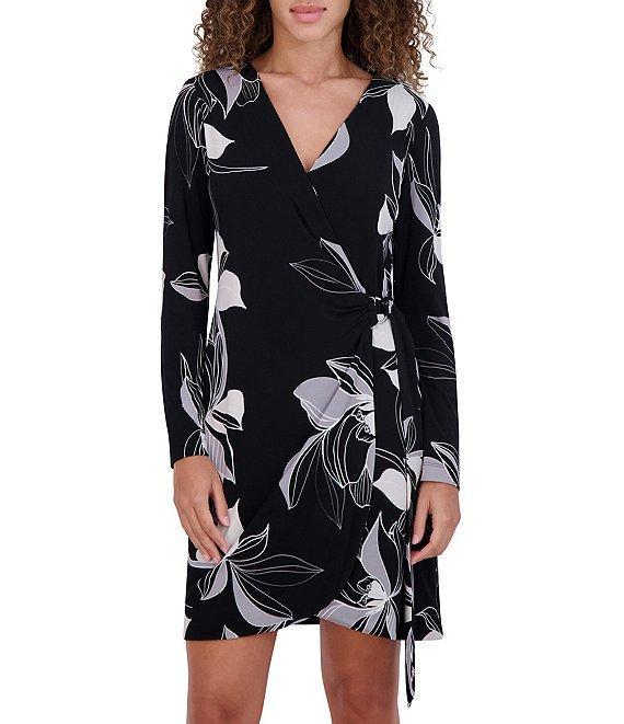 Kensie Long Sleeve Abstract Floral Jersey Faux Wrap Dress Product Image