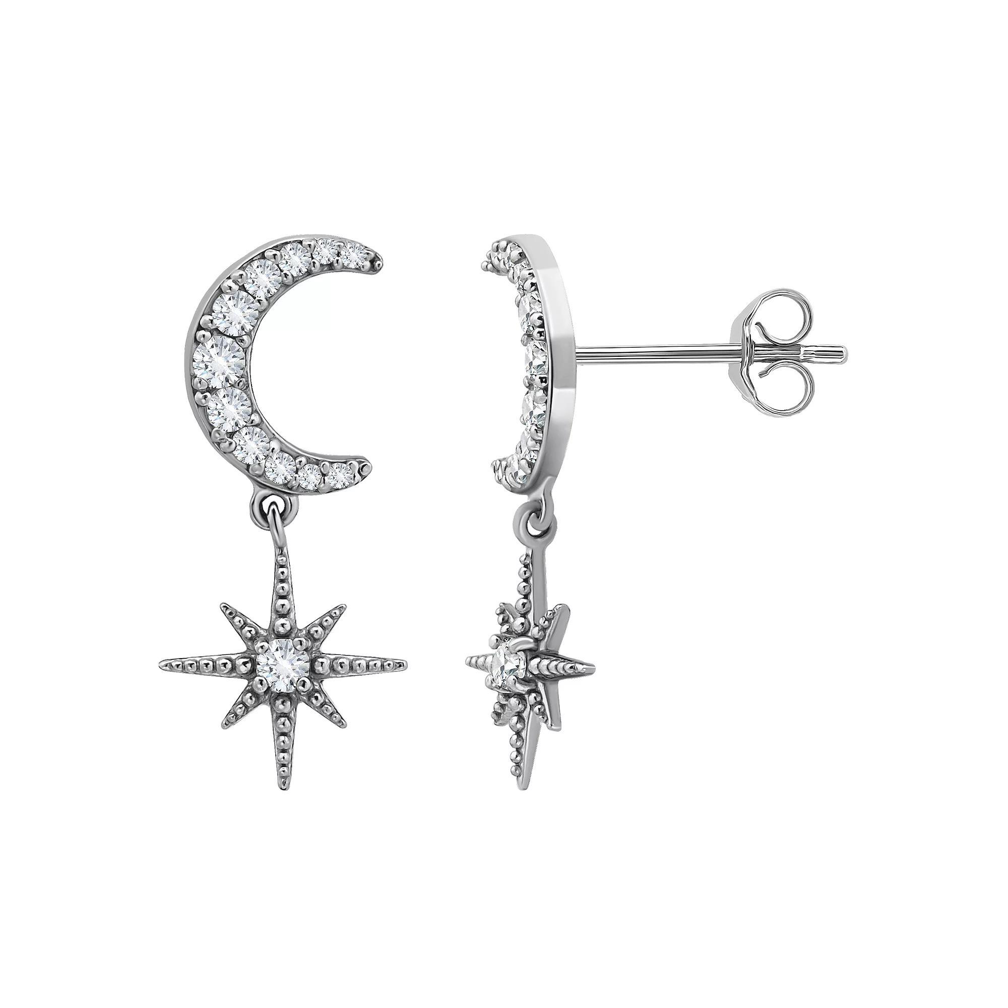 Aleure Precioso Sterling Silver Cubic Zirconia Moon & Starburst Drop Earrings, Women's Product Image