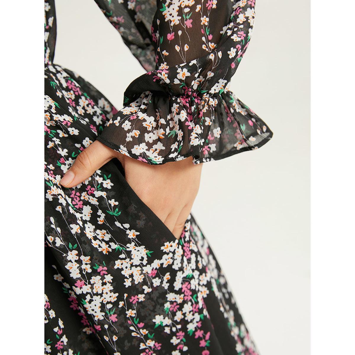 Plus Size Ditsy Floral Chiffon Patchwork Frill Trim Dress Black Women Elegant See through V-neck Long Sleeve Curvy Midi Dress BloomChic 10/M Product Image