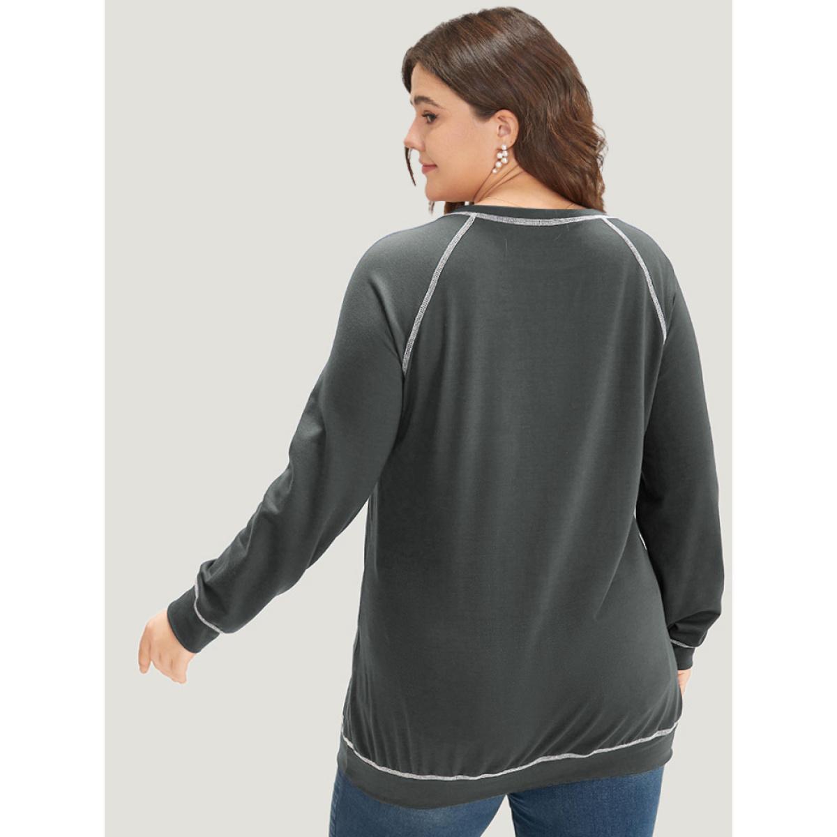 Plus Size Floral Print Stitch Crew Neck Raglan Sleeve Sweatshirt Women ArmyGreen Casual Elastic cuffs Dailywear Sweatshirts BloomChic 10/M Product Image
