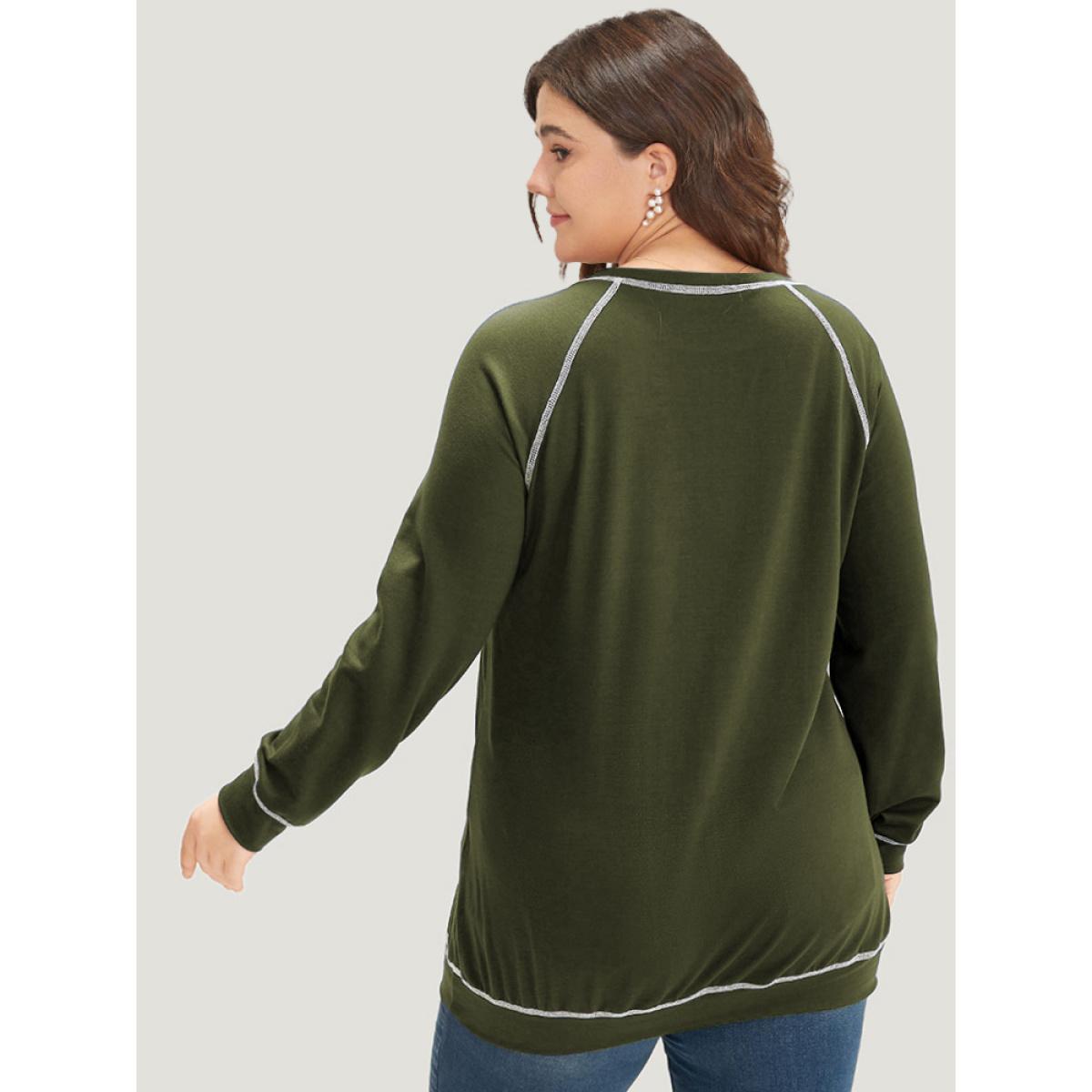 Plus Size Floral Print Stitch Crew Neck Raglan Sleeve Sweatshirt Women ArmyGreen Casual Elastic cuffs Dailywear Sweatshirts BloomChic 10/M Product Image