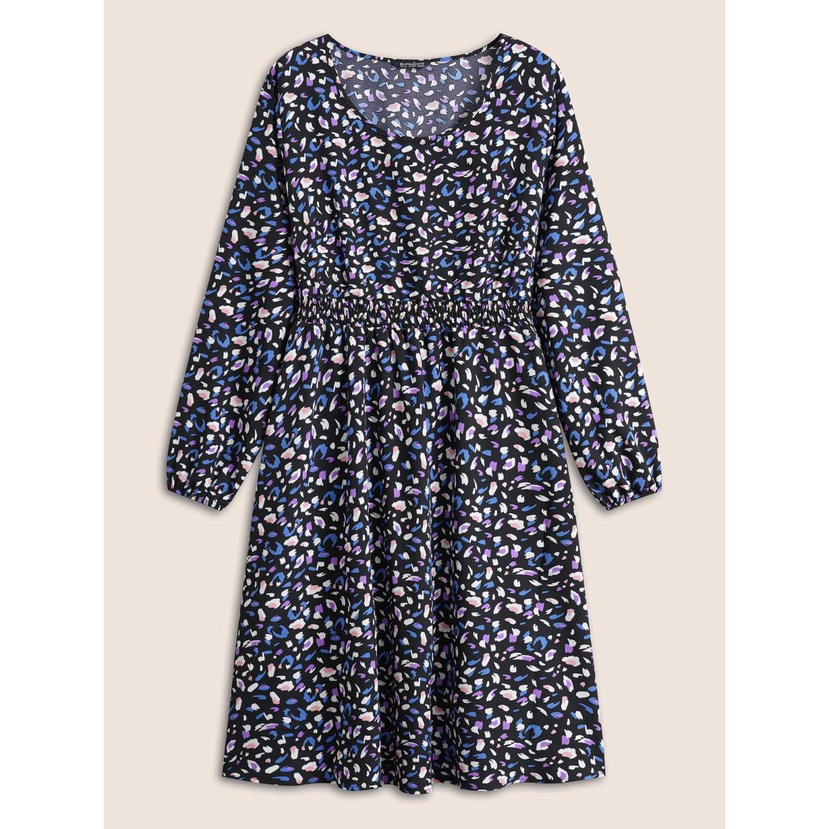 Plus Size Colored Leopard Print Elastic Cuffs Shirred Dress Black Women Elegant Non Round Neck Long Sleeve Curvy Knee Dress BloomChic 28/5X Product Image